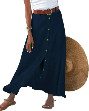 Button Down Cotton Linen Skirts for Women Casual Split Front Flowy Maxi Skirt Boho Plus Size A Line Wrap Skirt