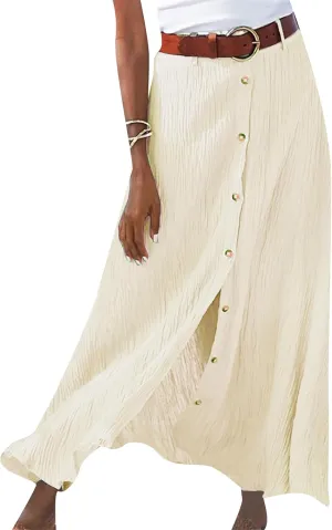 Button Down Cotton Linen Skirts for Women Casual Split Front Flowy Maxi Skirt Boho Plus Size A Line Wrap Skirt