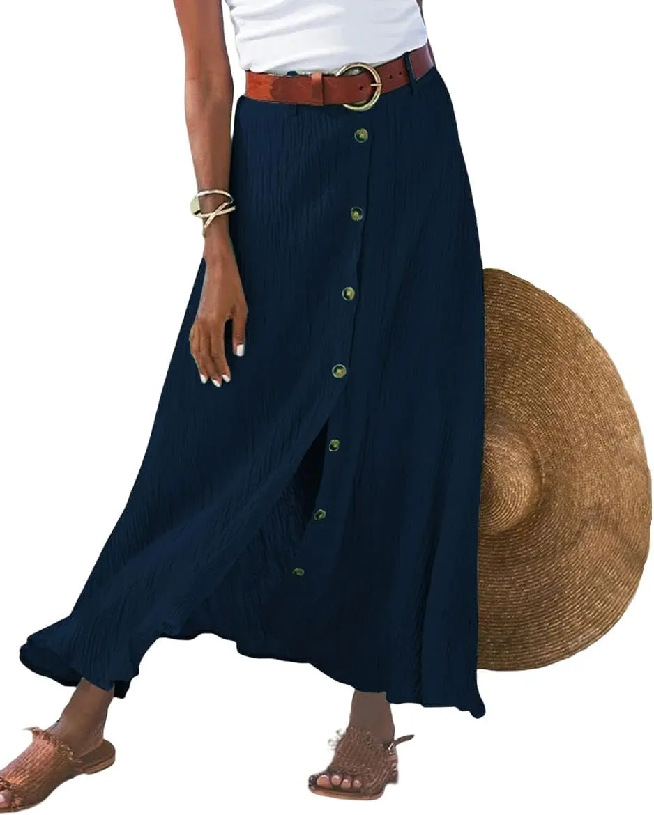 Button Down Cotton Linen Skirts for Women Casual Split Front Flowy Maxi Skirt Boho Plus Size A Line Wrap Skirt