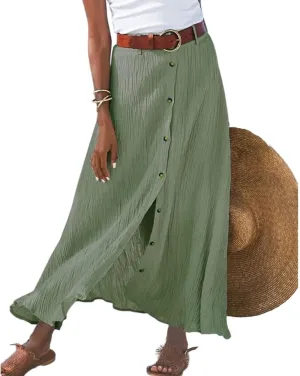 Button Down Cotton Linen Skirts for Women Casual Split Front Flowy Maxi Skirt Boho Plus Size A Line Wrap Skirt