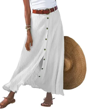 Button Down Cotton Linen Skirts for Women Casual Split Front Flowy Maxi Skirt Boho Plus Size A Line Wrap Skirt