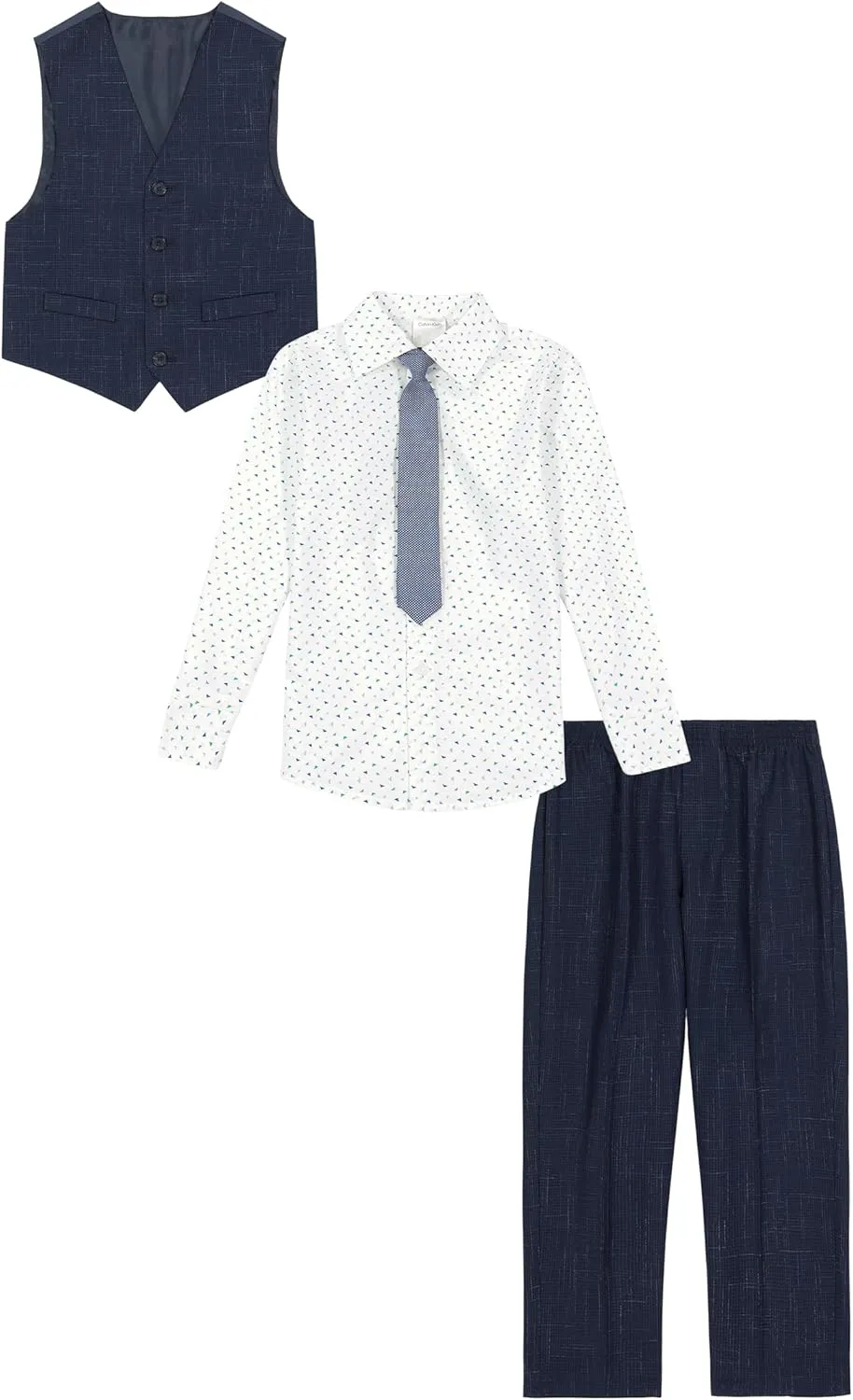 Calvin Klein Boys' 4-Piece Formal Suit Set, Vest, Pants, Collared Dress Shirt, and Tie