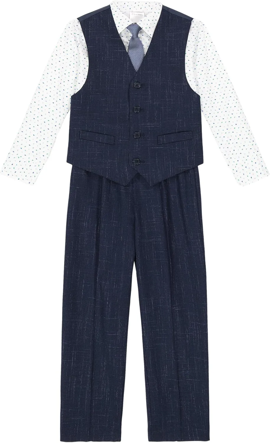 Calvin Klein Boys' 4-Piece Formal Suit Set, Vest, Pants, Collared Dress Shirt, and Tie