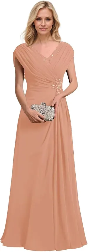 Cap Sleeves Chiffon Mother of The Bride Dress 2025 V Neck Ruched Wedding Guest Dress A Line Formal Gown LL-M064