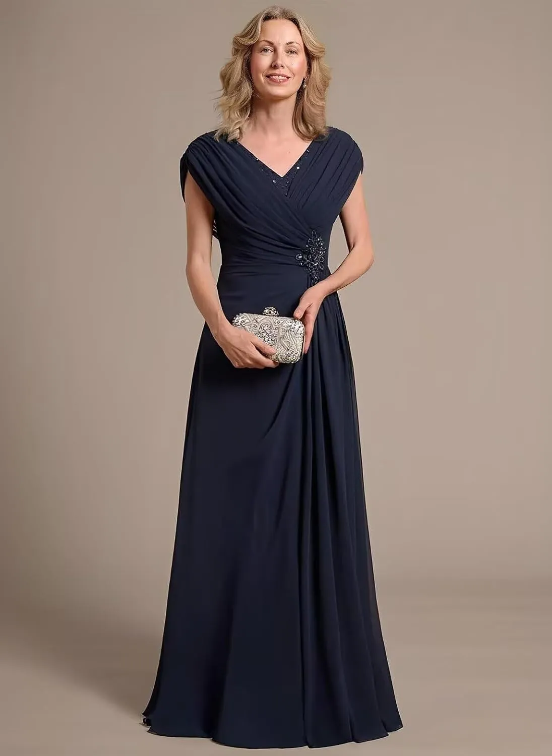 Cap Sleeves Chiffon Mother of The Bride Dress 2025 V Neck Ruched Wedding Guest Dress A Line Formal Gown LL-M064