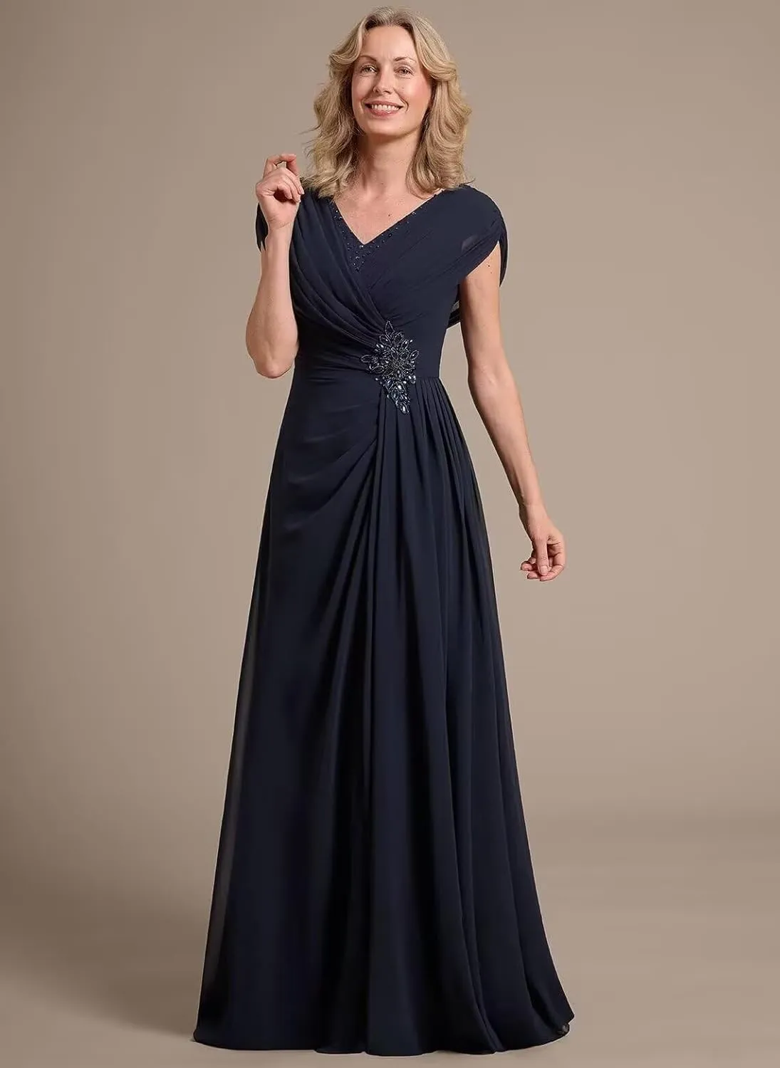 Cap Sleeves Chiffon Mother of The Bride Dress 2025 V Neck Ruched Wedding Guest Dress A Line Formal Gown LL-M064