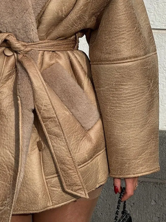Cashmere Leather Fur Collar Composite Belt Coat