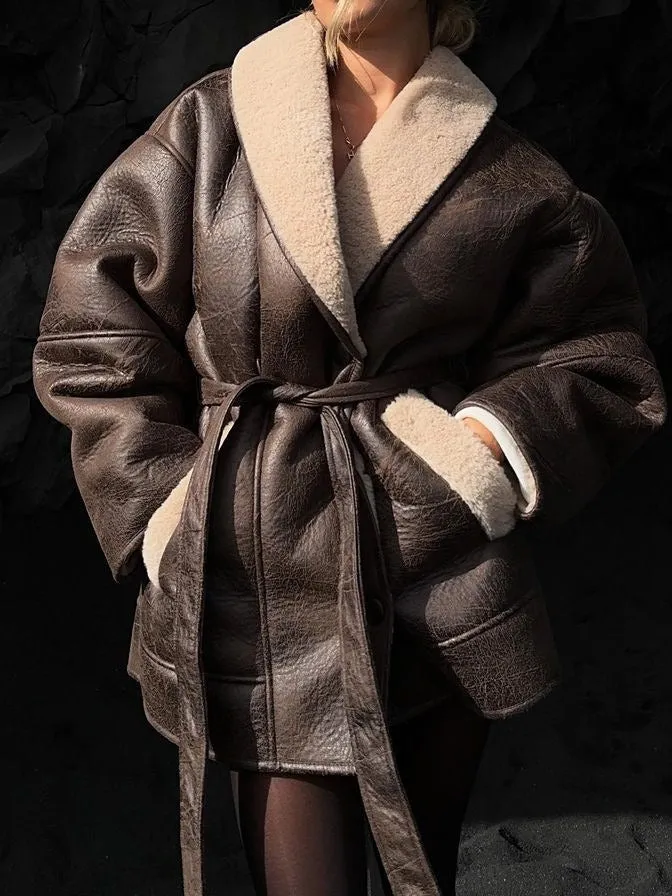 Cashmere Leather Fur Collar Composite Belt Coat