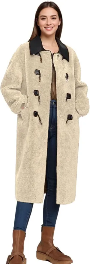 CHARTOU Women Long Faux Shearling Jacket Contrast Trim Fuzzy Fleece Warm Winter Trench Coat