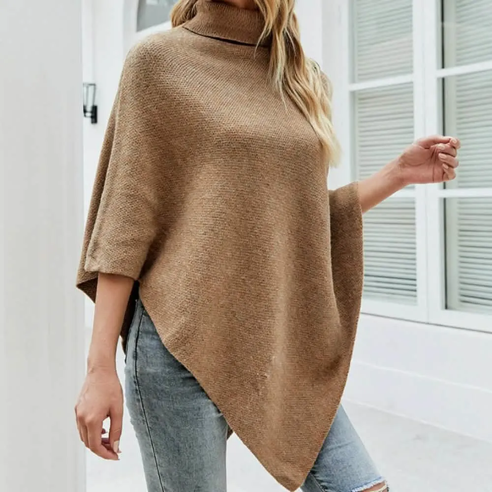 Chic Women's Turtleneck Poncho with Fashionable Side Buttons