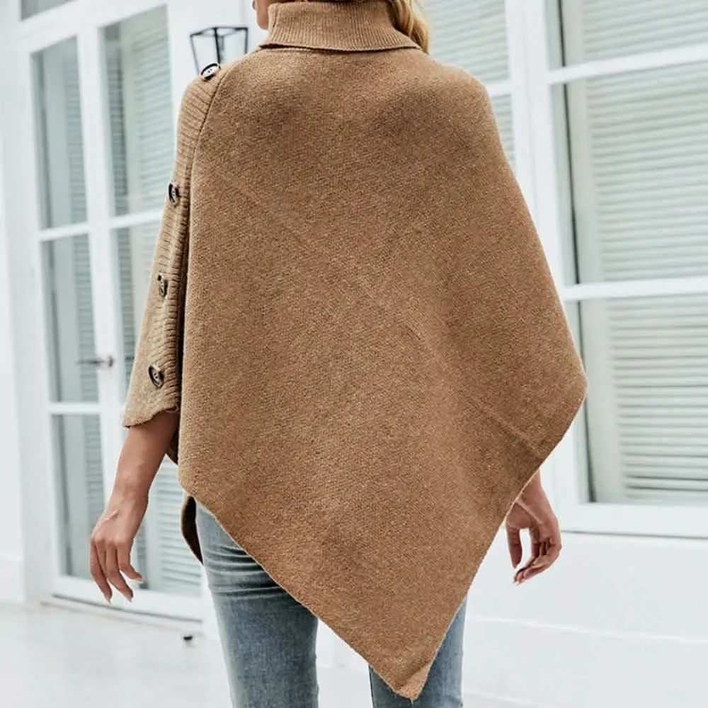 Chic Women's Turtleneck Poncho with Fashionable Side Buttons