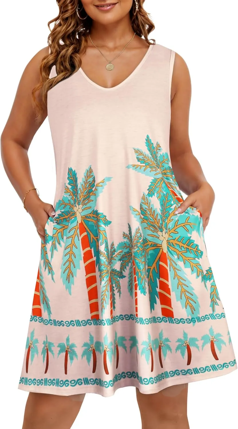 CHICGAL Womens Summer Dresses Casual Sleeveless Loose T Shirt V Neck Sundress Swing Beach Cover Up with Pockets