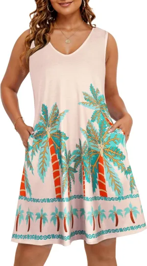 CHICGAL Womens Summer Dresses Casual Sleeveless Loose T Shirt V Neck Sundress Swing Beach Cover Up with Pockets