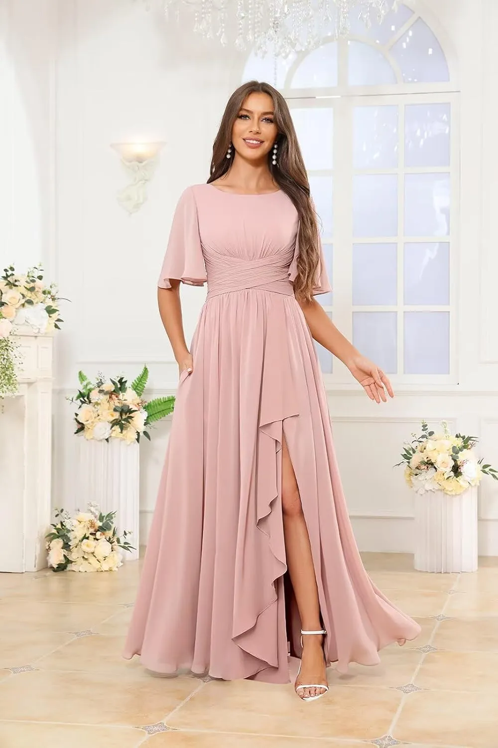 Chiffon Bridesmaid Dresses for Women Half Flutter Sleeves Long Wedding Guest Dress with Slit