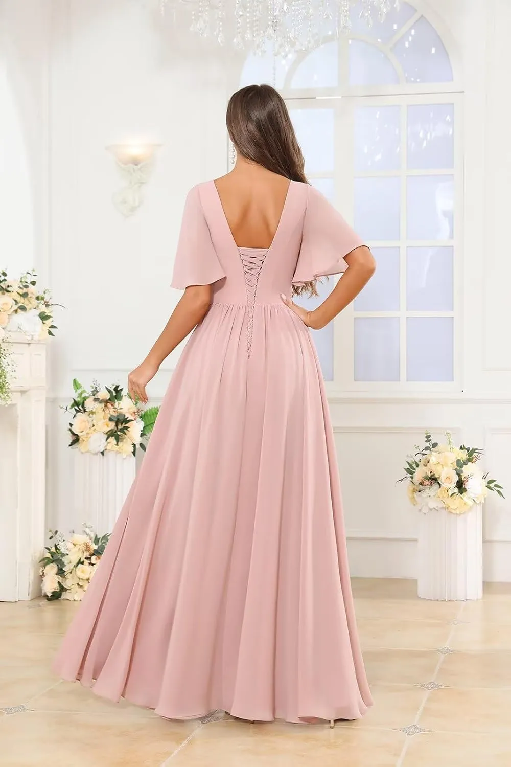 Chiffon Bridesmaid Dresses for Women Half Flutter Sleeves Long Wedding Guest Dress with Slit