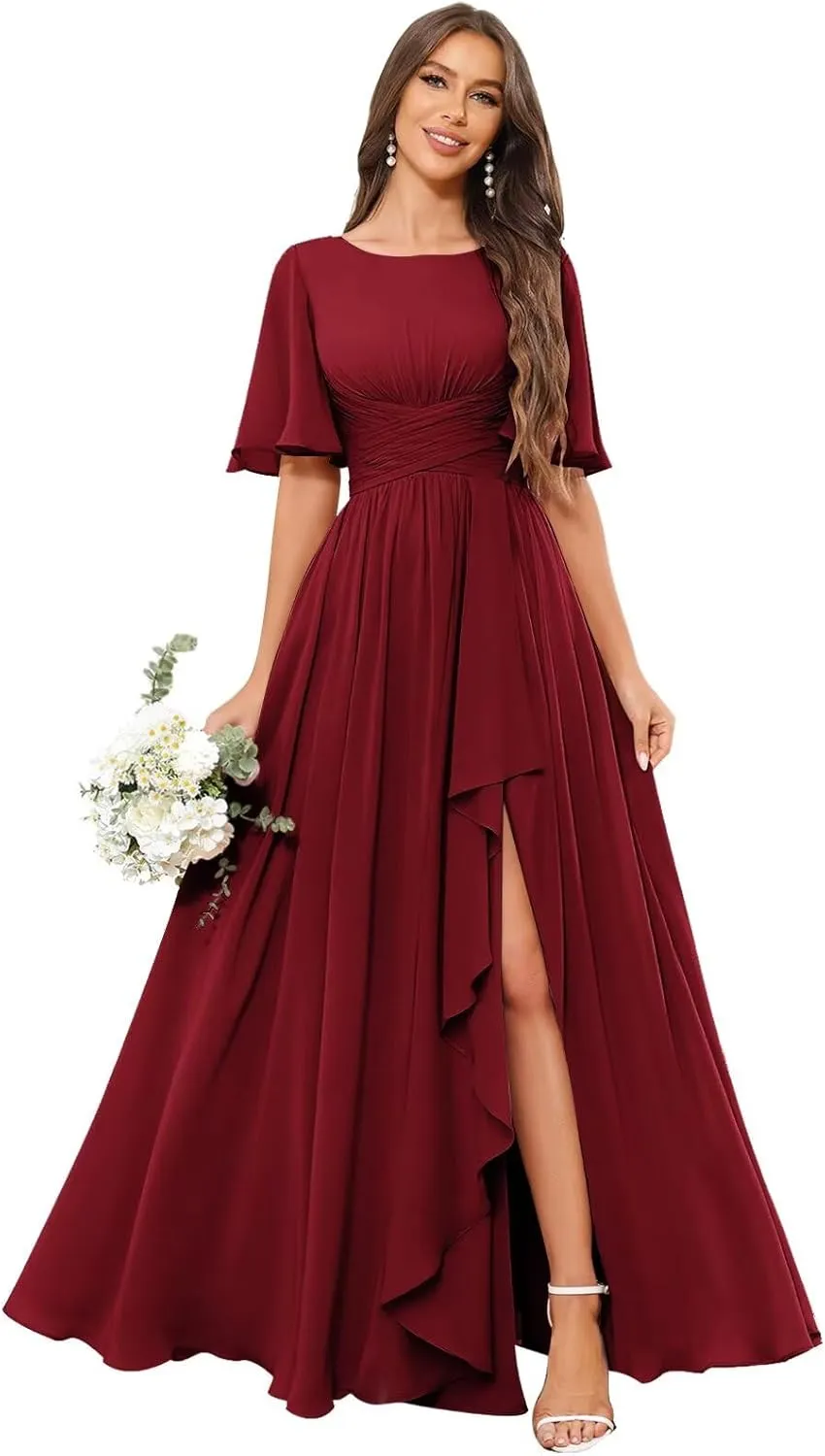 Chiffon Bridesmaid Dresses for Women Half Flutter Sleeves Long Wedding Guest Dress with Slit
