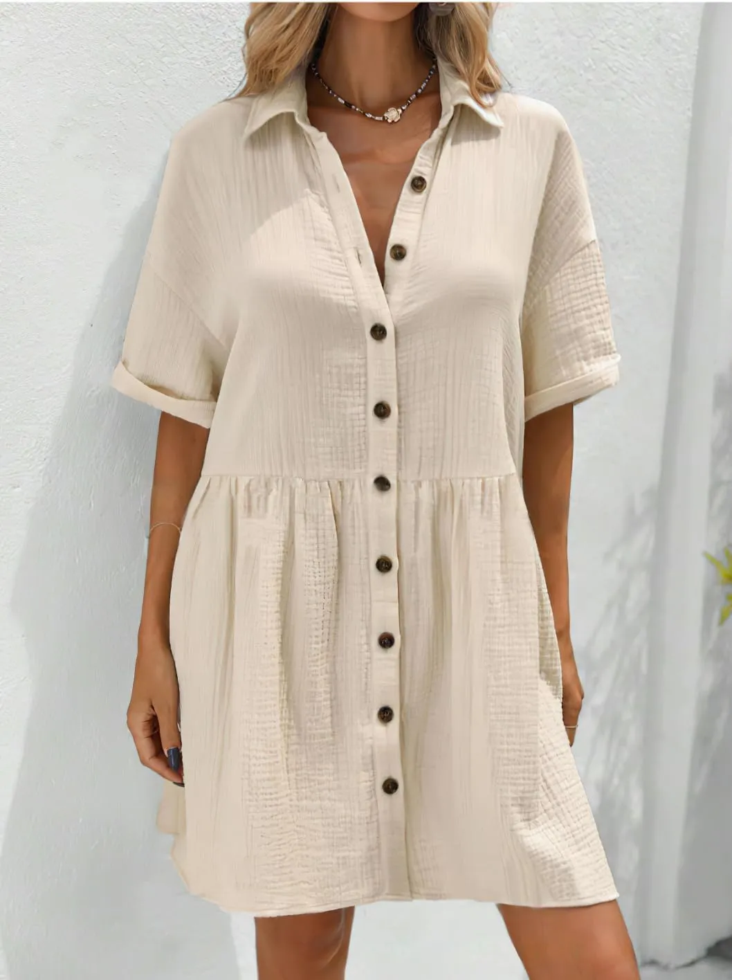 chouyatou Women's Casual Short Sleeve Button Down Mini Shirt Dress Cotton Babydoll Tunic Loose Beach Dress