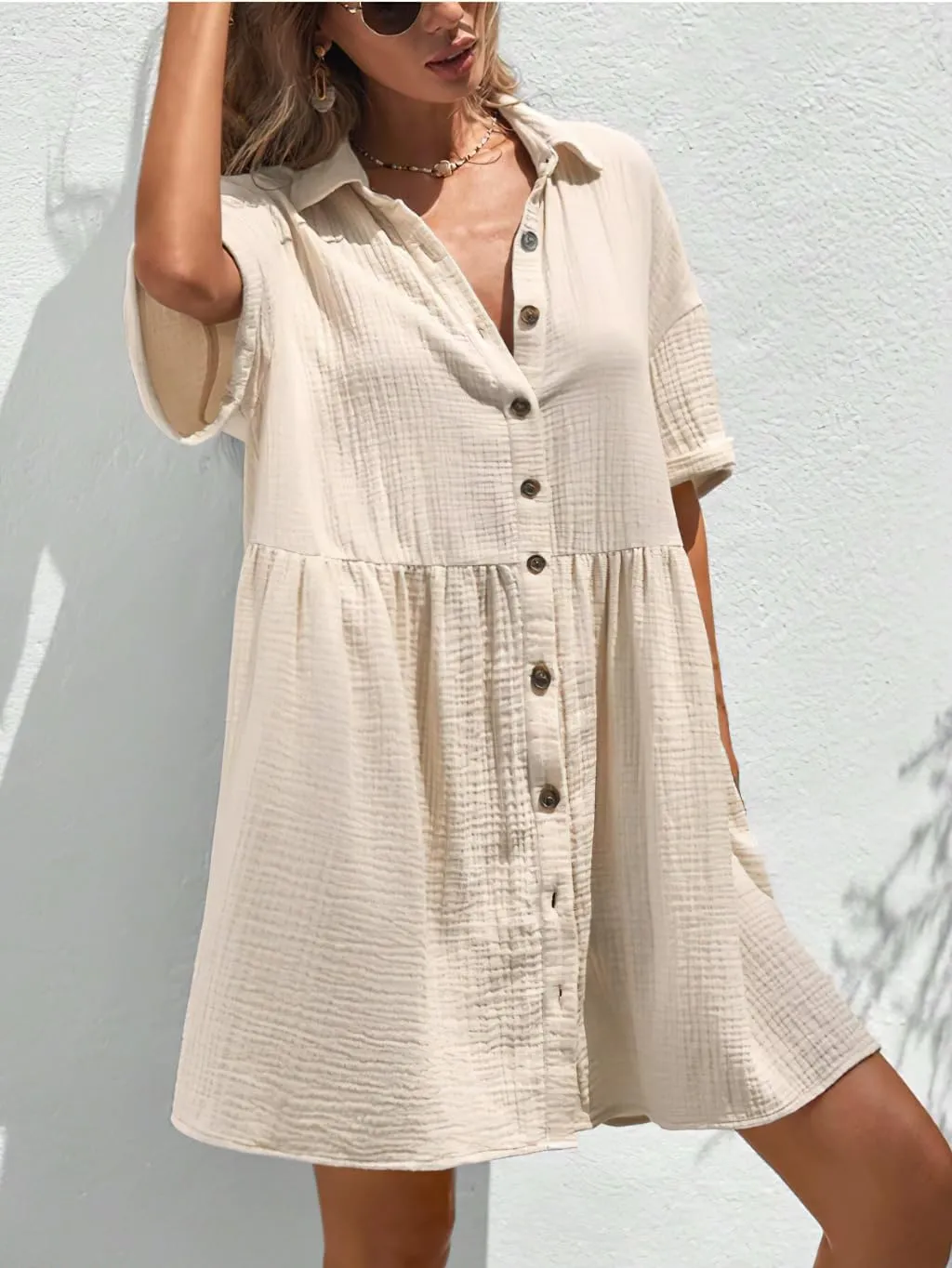 chouyatou Women's Casual Short Sleeve Button Down Mini Shirt Dress Cotton Babydoll Tunic Loose Beach Dress