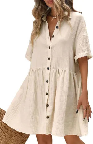 chouyatou Women's Casual Short Sleeve Button Down Mini Shirt Dress Cotton Babydoll Tunic Loose Beach Dress