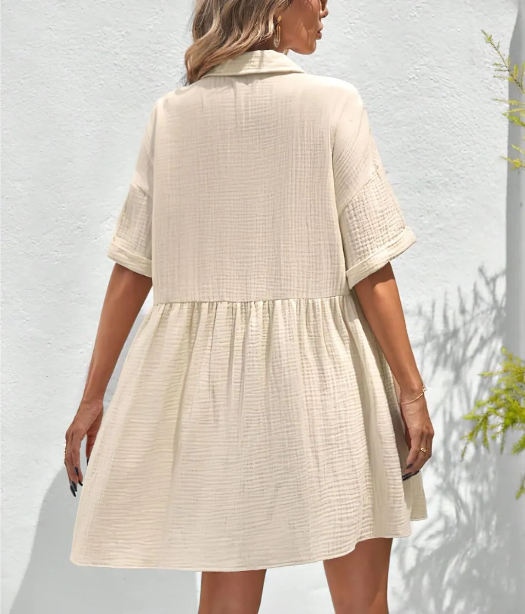 chouyatou Women's Casual Short Sleeve Button Down Mini Shirt Dress Cotton Babydoll Tunic Loose Beach Dress
