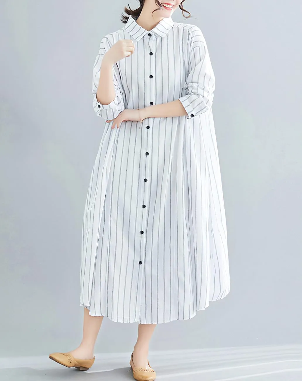 chouyatou Women's Cotton Linen Shirt Dress Striped Button Down Lapel Collared Shift Midi Dress with Pockets