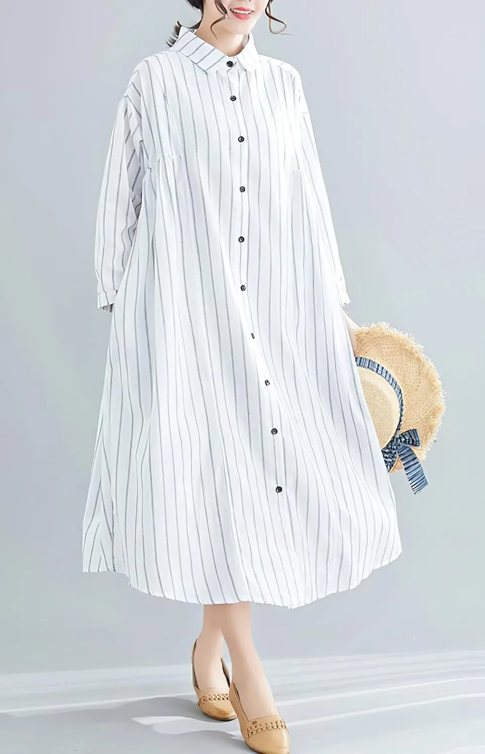 chouyatou Women's Cotton Linen Shirt Dress Striped Button Down Lapel Collared Shift Midi Dress with Pockets