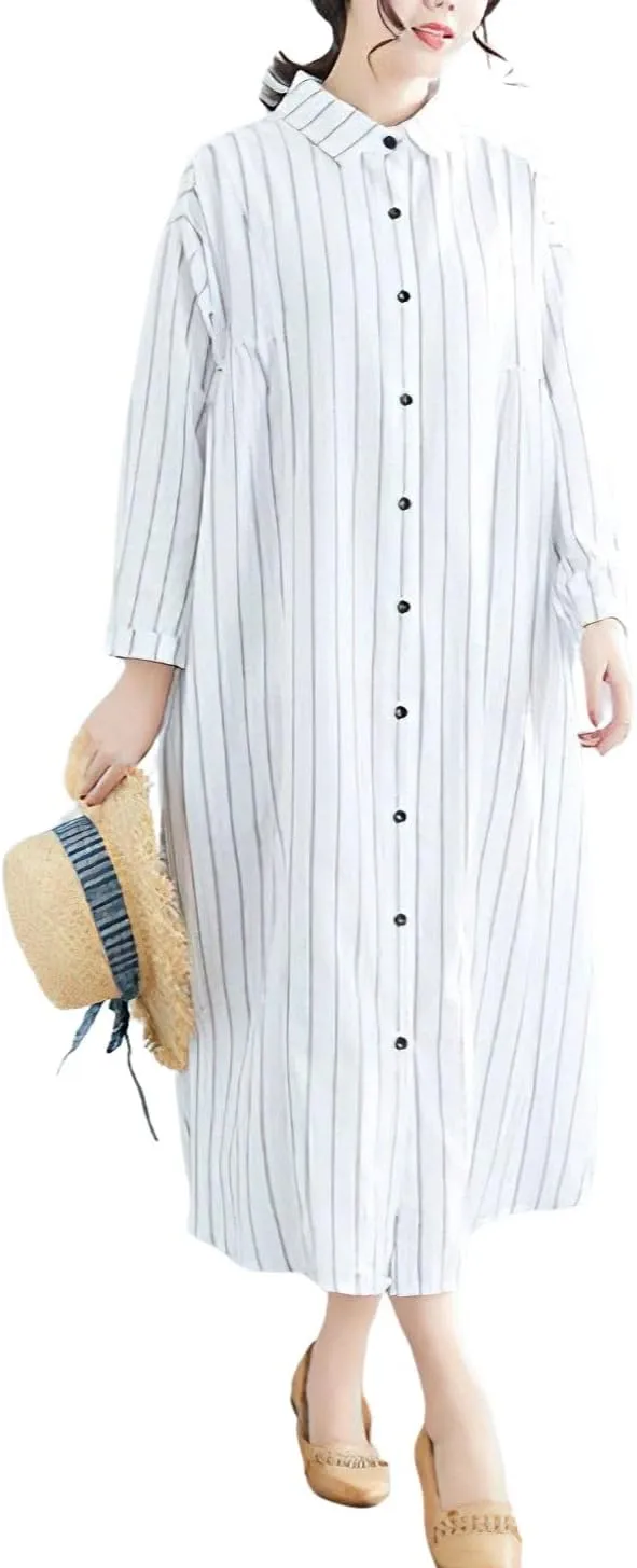 chouyatou Women's Cotton Linen Shirt Dress Striped Button Down Lapel Collared Shift Midi Dress with Pockets