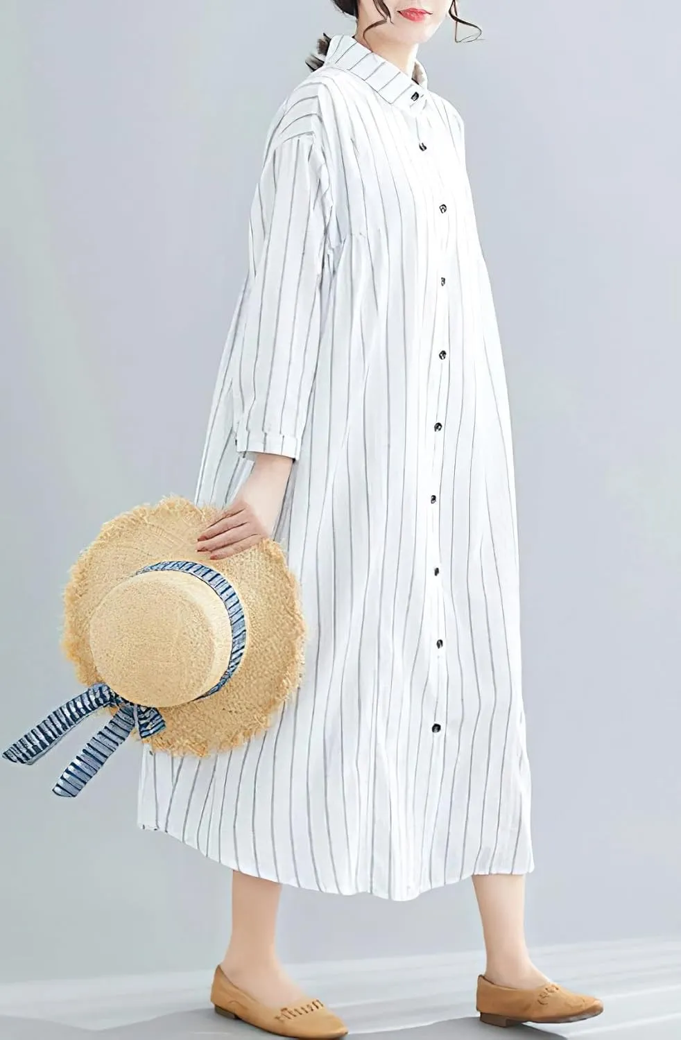 chouyatou Women's Cotton Linen Shirt Dress Striped Button Down Lapel Collared Shift Midi Dress with Pockets