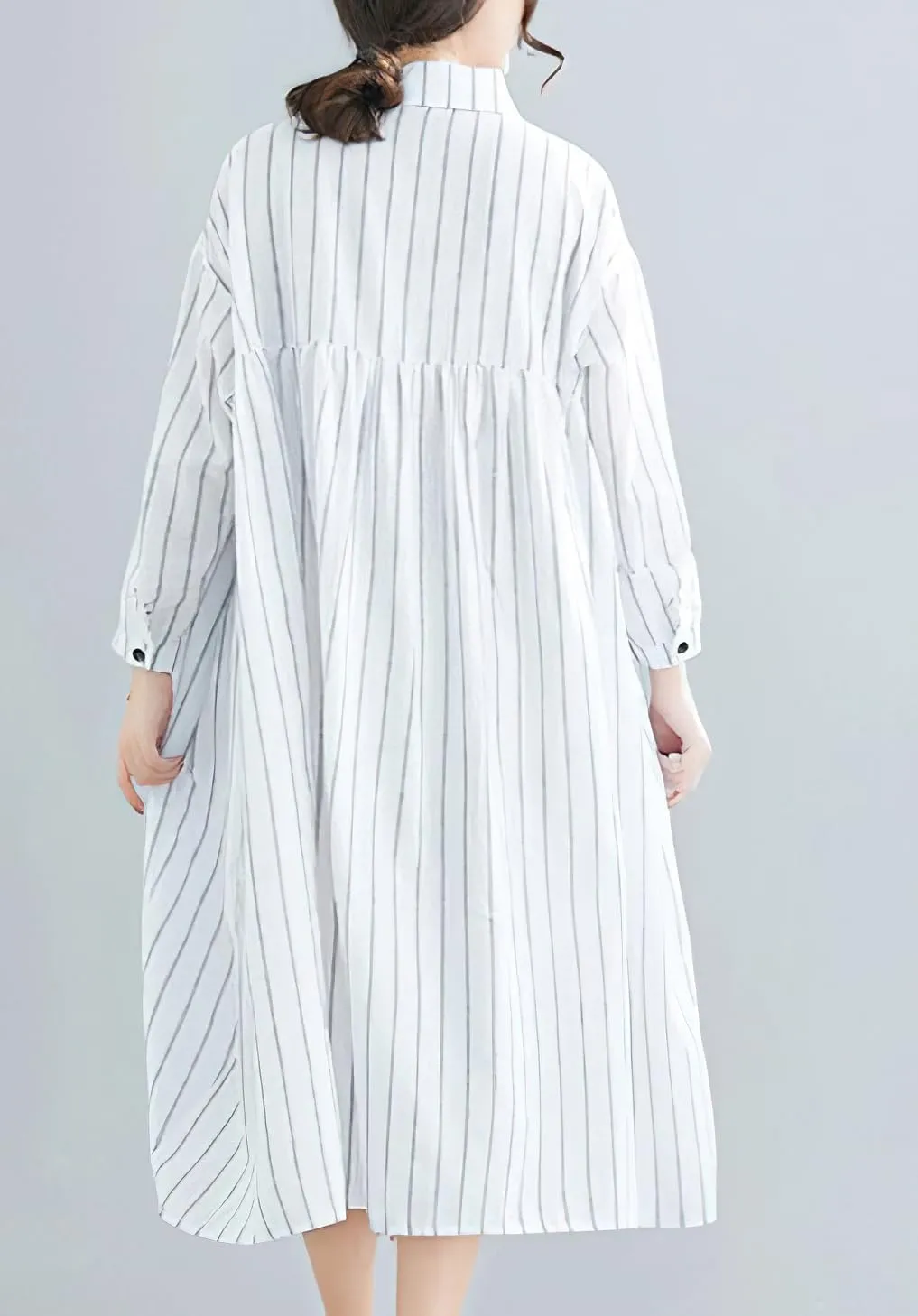 chouyatou Women's Cotton Linen Shirt Dress Striped Button Down Lapel Collared Shift Midi Dress with Pockets