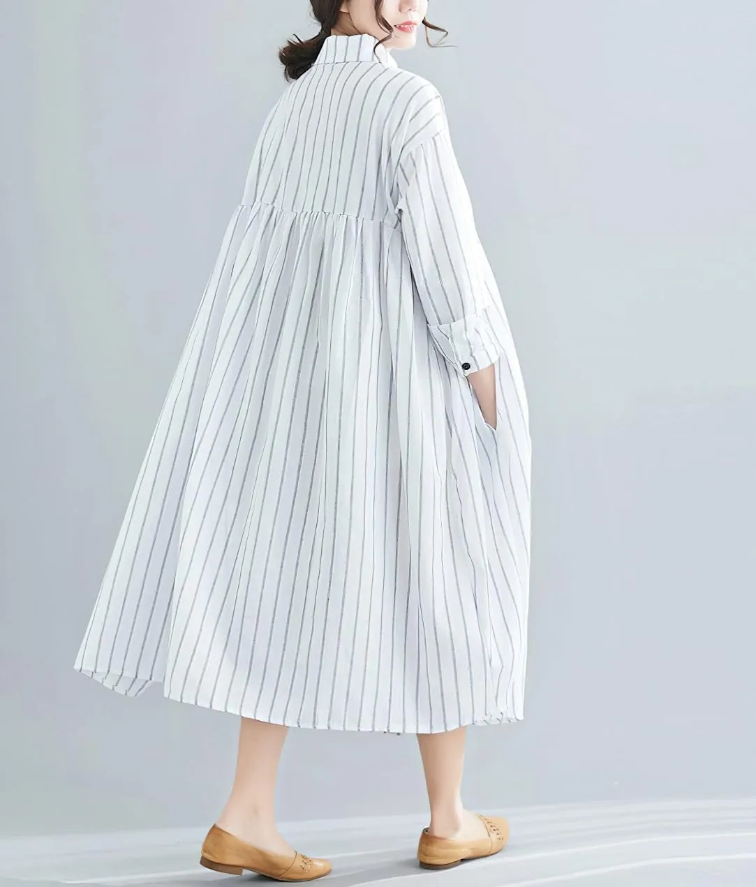 chouyatou Women's Cotton Linen Shirt Dress Striped Button Down Lapel Collared Shift Midi Dress with Pockets