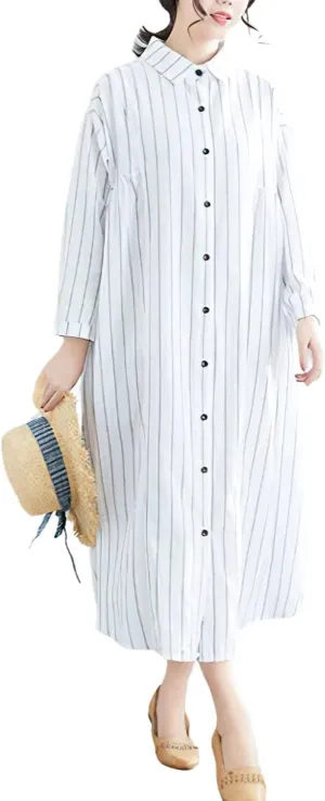 chouyatou Women's Cotton Linen Shirt Dress Striped Button Down Lapel Collared Shift Midi Dress with Pockets