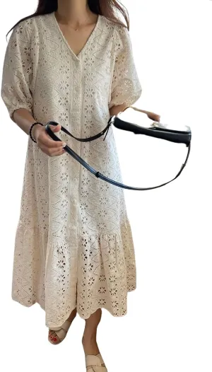 chouyatou Women's Summer Puff Sleeve Button Down Lace Eyelet Dress Hollow Out Floral Embroidery Midi Dress