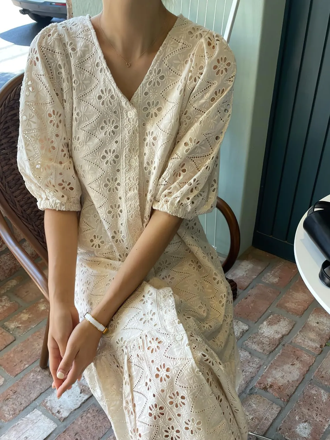 chouyatou Women's Summer Puff Sleeve Button Down Lace Eyelet Dress Hollow Out Floral Embroidery Midi Dress