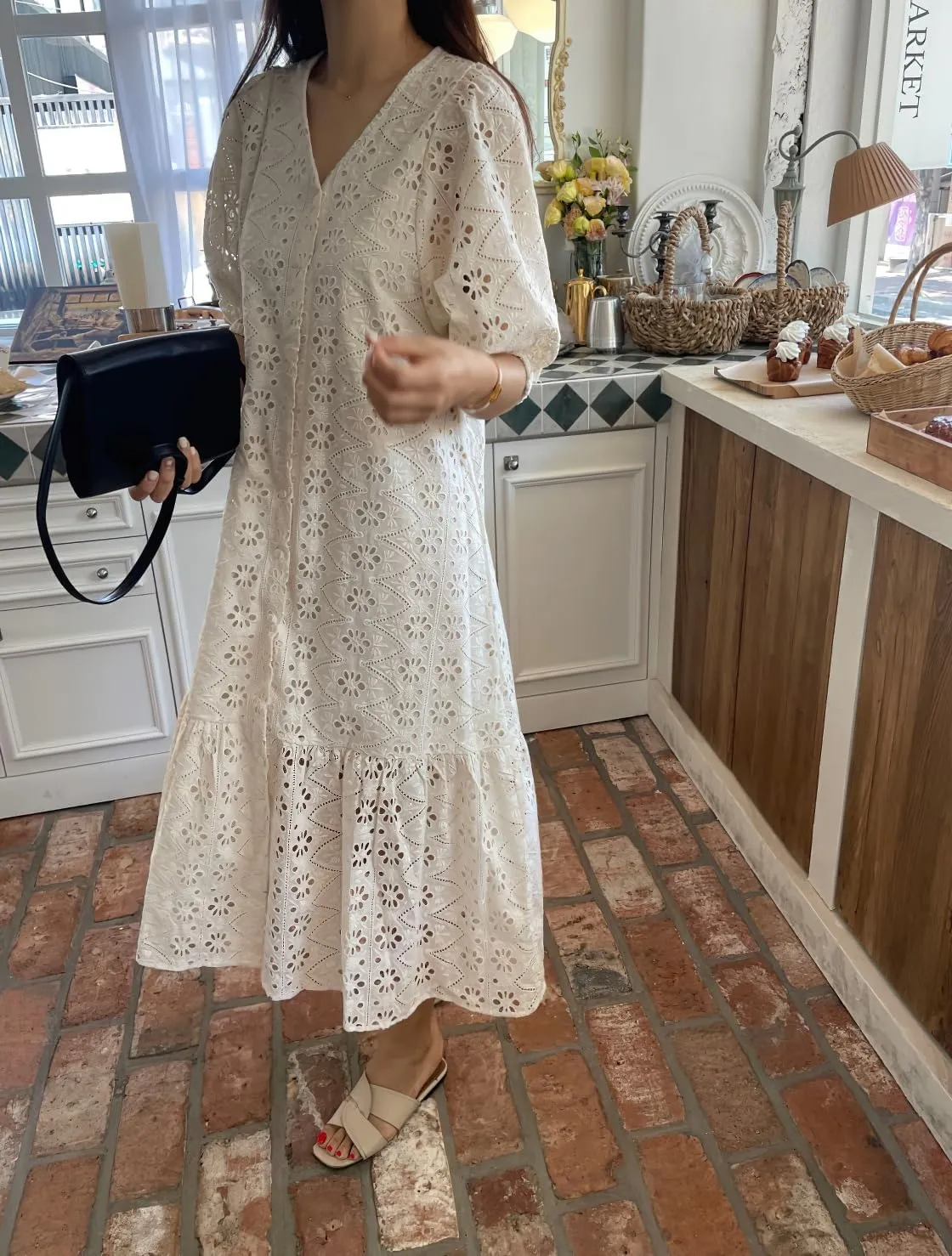 chouyatou Women's Summer Puff Sleeve Button Down Lace Eyelet Dress Hollow Out Floral Embroidery Midi Dress