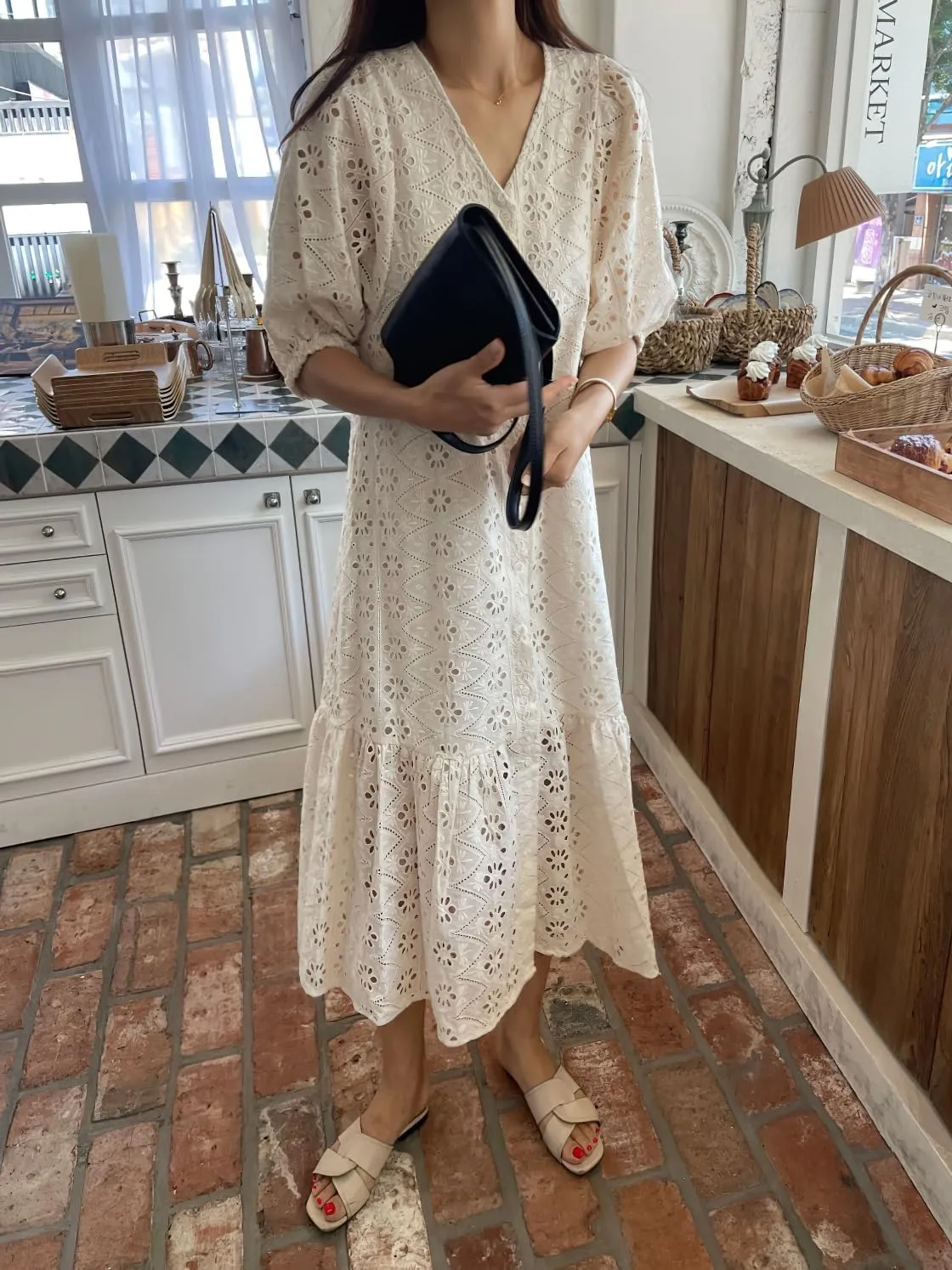 chouyatou Women's Summer Puff Sleeve Button Down Lace Eyelet Dress Hollow Out Floral Embroidery Midi Dress