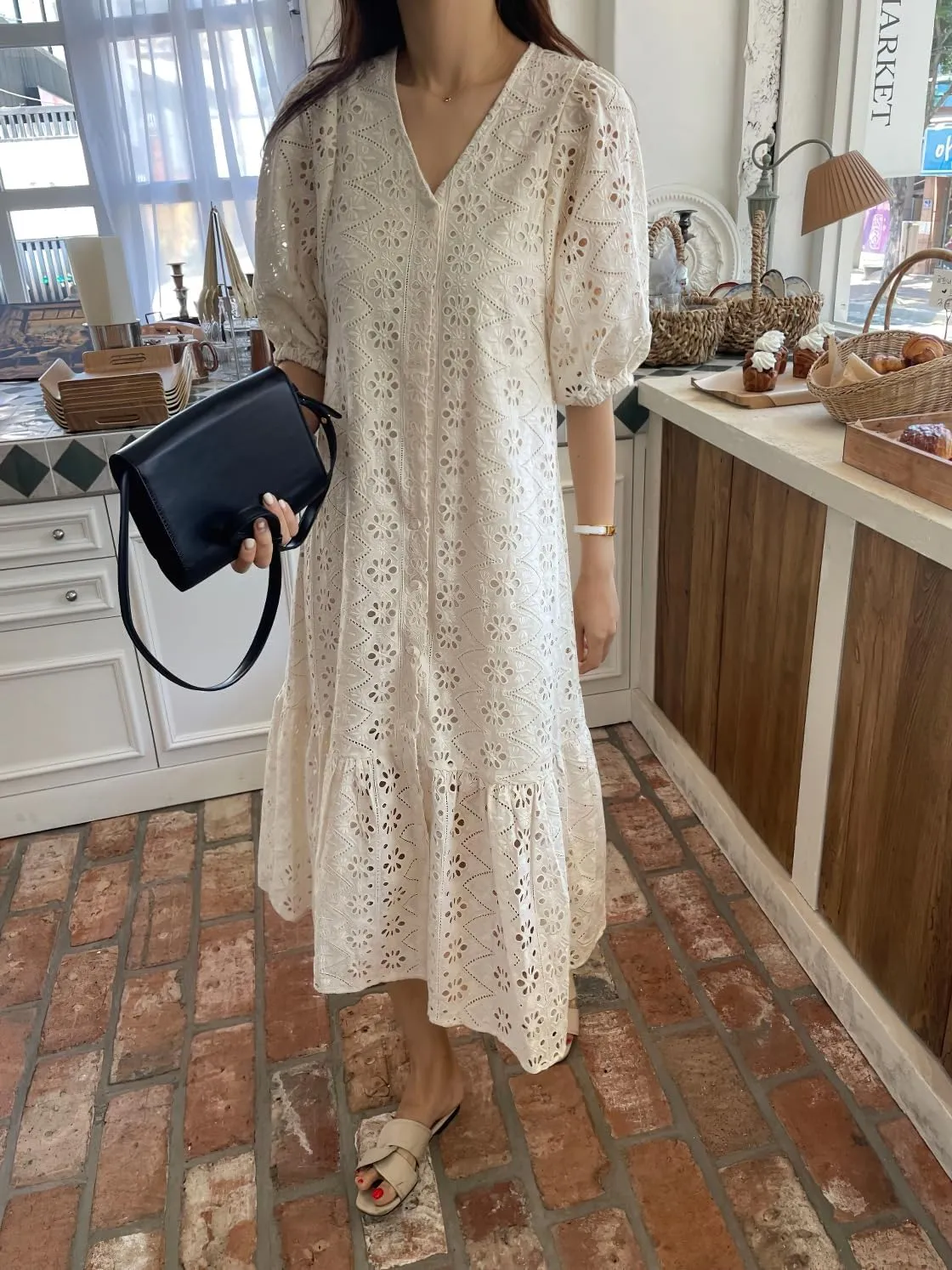 chouyatou Women's Summer Puff Sleeve Button Down Lace Eyelet Dress Hollow Out Floral Embroidery Midi Dress