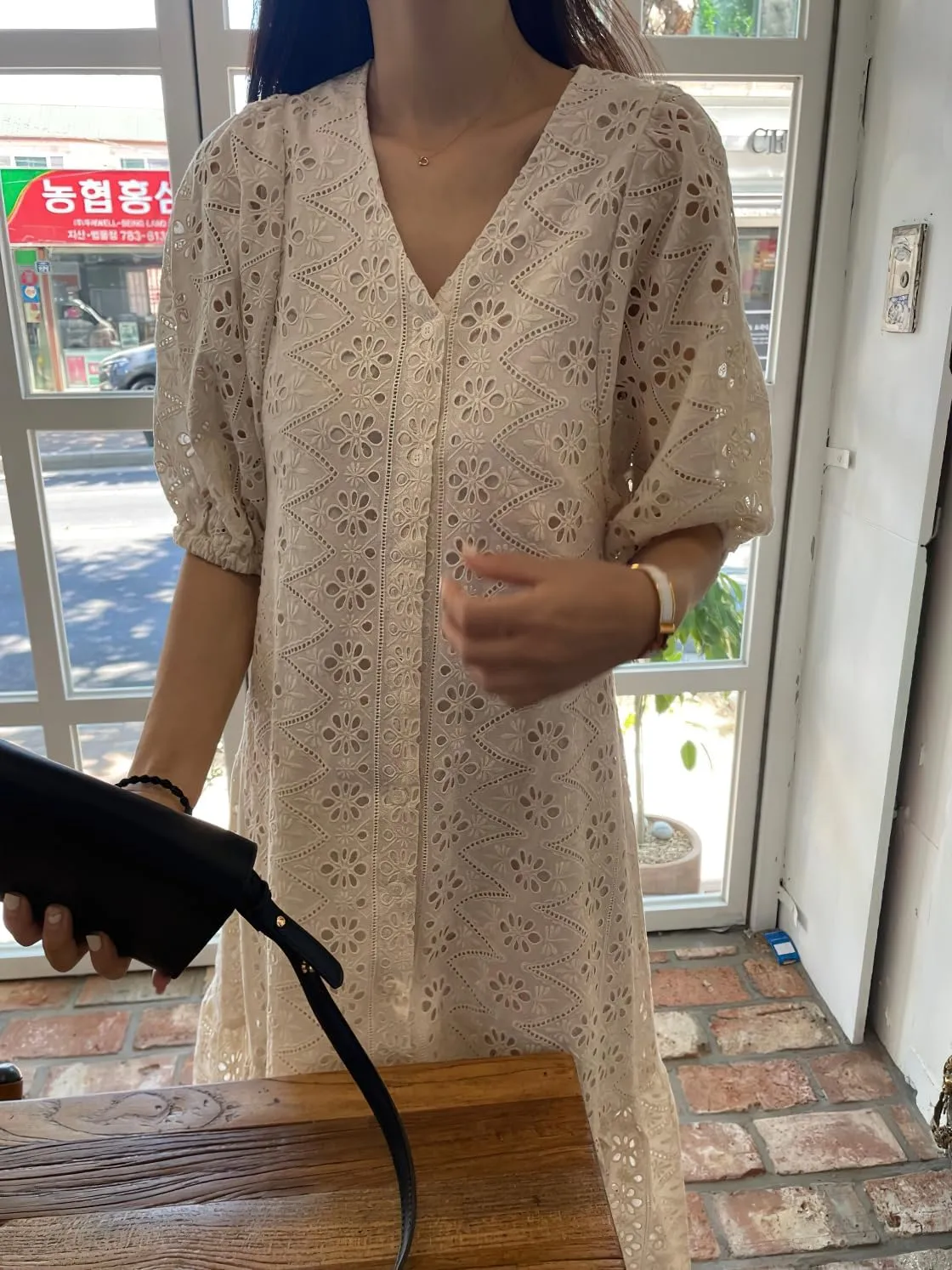 chouyatou Women's Summer Puff Sleeve Button Down Lace Eyelet Dress Hollow Out Floral Embroidery Midi Dress