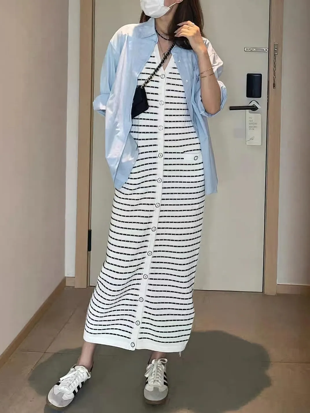 chouyatou Women's Summer Sleeveless Striped Knit Tank Dress Button Down Sweater Sundress with Pockets
