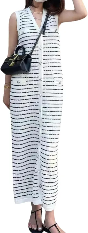 chouyatou Women's Summer Sleeveless Striped Knit Tank Dress Button Down Sweater Sundress with Pockets