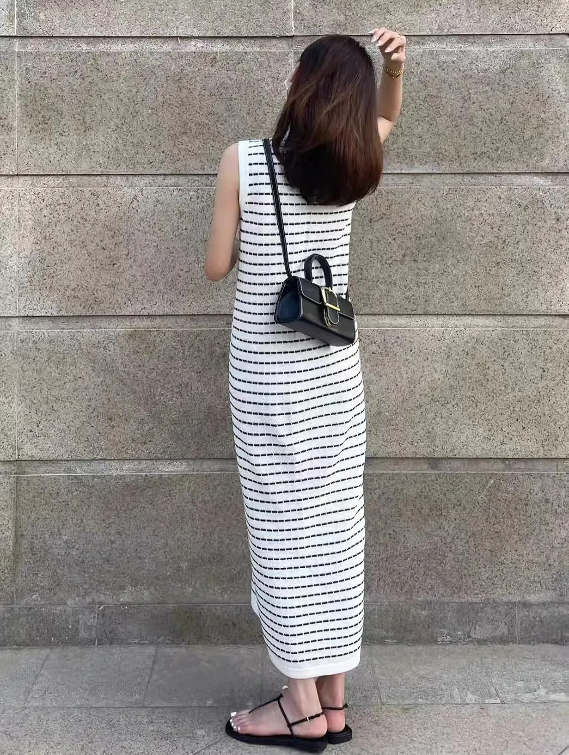 chouyatou Women's Summer Sleeveless Striped Knit Tank Dress Button Down Sweater Sundress with Pockets