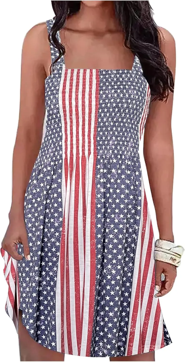 CHUNTIANRAN American Flag Smocked Spaghetti Strap Summer Mini Dress for Women Casual Beach Sleeveless Swing A Line Dress