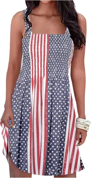 CHUNTIANRAN American Flag Smocked Spaghetti Strap Summer Mini Dress for Women Casual Beach Sleeveless Swing A Line Dress