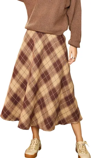 Cocoarm Women Long Skirt A Line Elegant Casual Winter Warm Midi Lattice High Waist Pleated Thick Women's Autumn(L-Khaki)