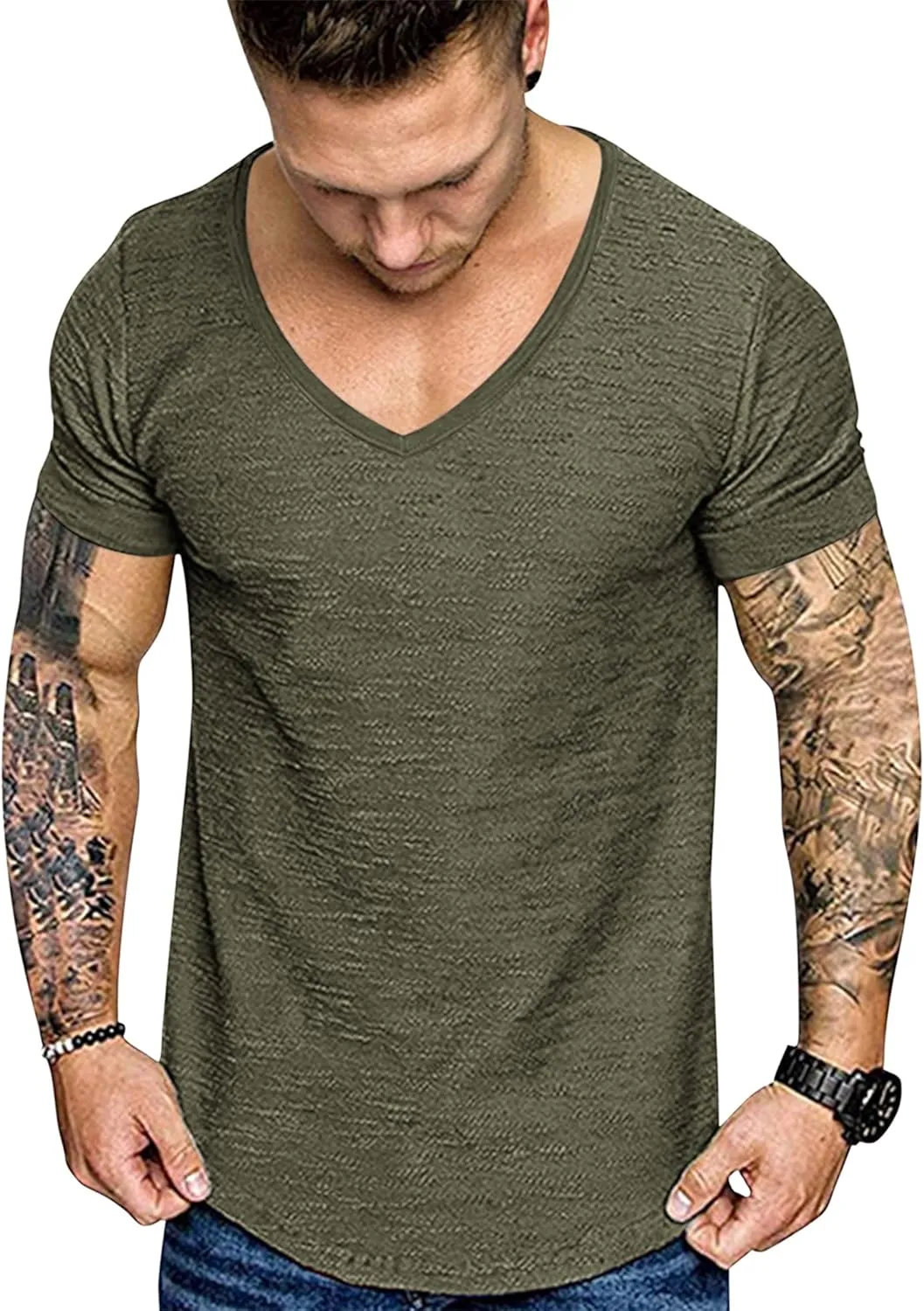 COOFANDY Mens 2 Pack Muscle V Neck T Shirt Fitted Gym Workout Short Sleeve Bodybuilding Tee