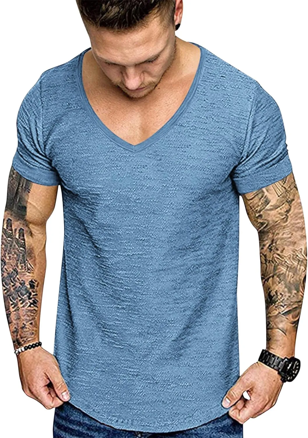 COOFANDY Mens 2 Pack Muscle V Neck T Shirt Fitted Gym Workout Short Sleeve Bodybuilding Tee