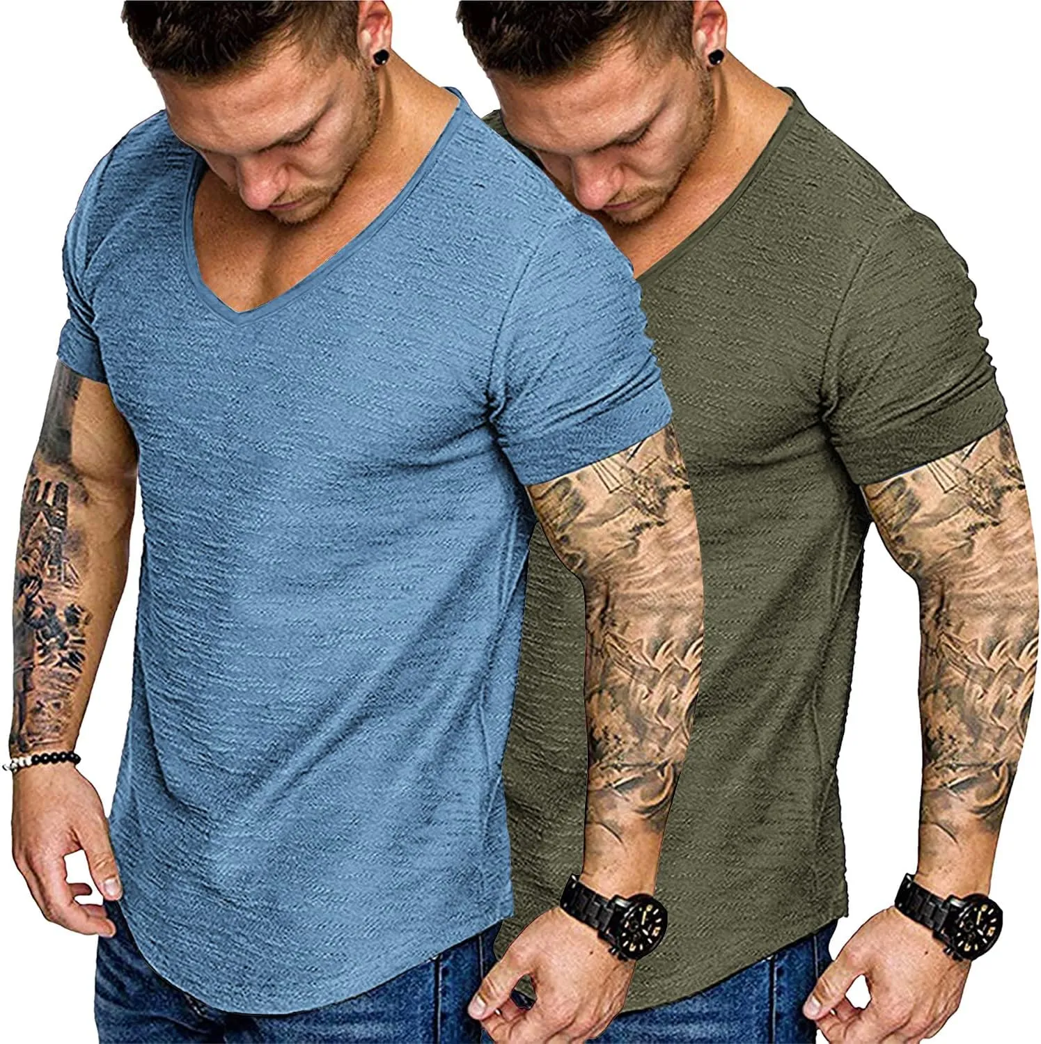 COOFANDY Mens 2 Pack Muscle V Neck T Shirt Fitted Gym Workout Short Sleeve Bodybuilding Tee