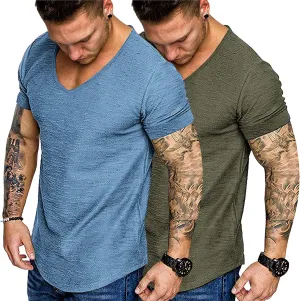 COOFANDY Mens 2 Pack Muscle V Neck T Shirt Fitted Gym Workout Short Sleeve Bodybuilding Tee