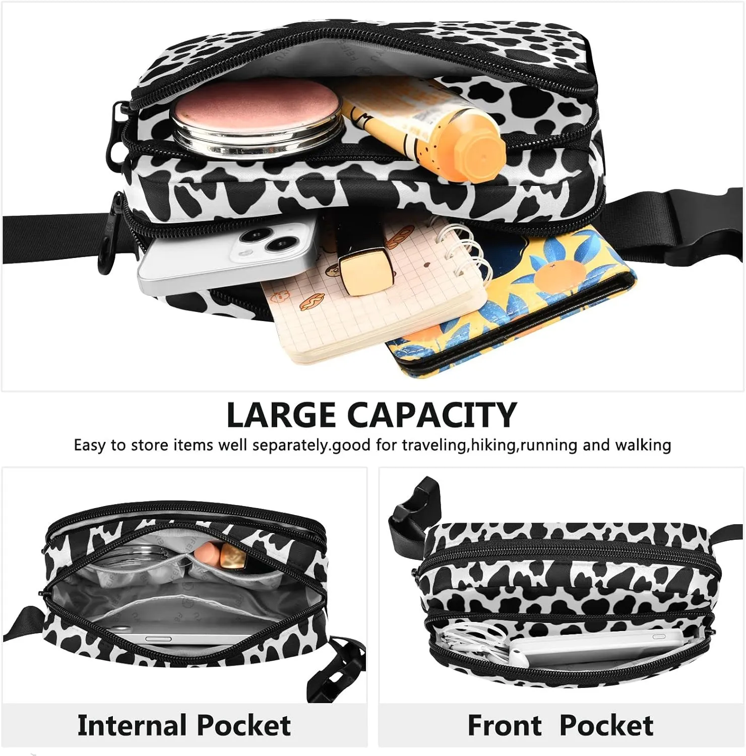 Cow Pattern Fanny Pack for Women Men Belt Bag Crossbody Waist Pouch Waterproof Everywhere Purse Fashion Sling Bag for Running Hiking Workout Walking Travel