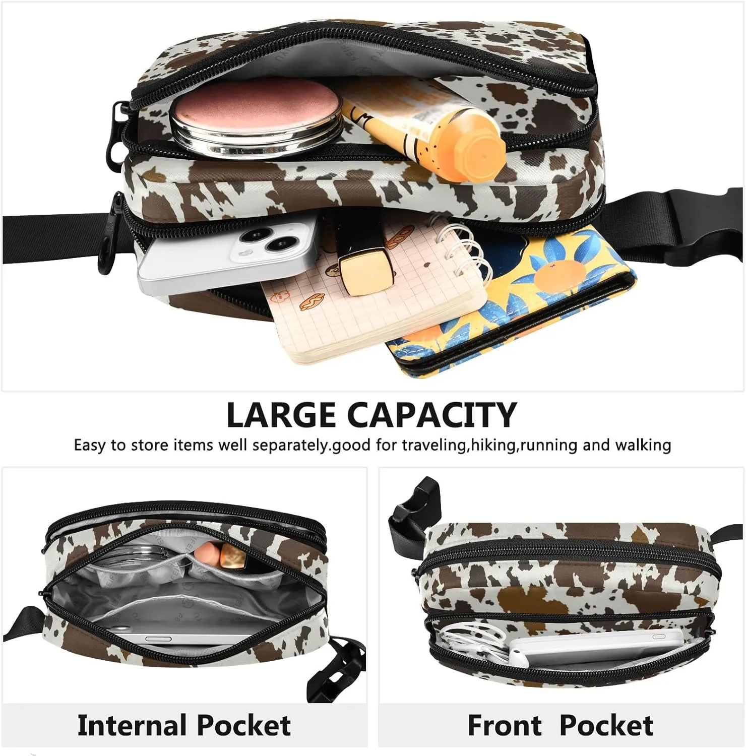 Cow Skin Print Fanny Pack for Women Men Belt Bag Crossbody Waist Pouch Waterproof Everywhere Purse Fashion Sling Bag for Running Hiking Workout Travel