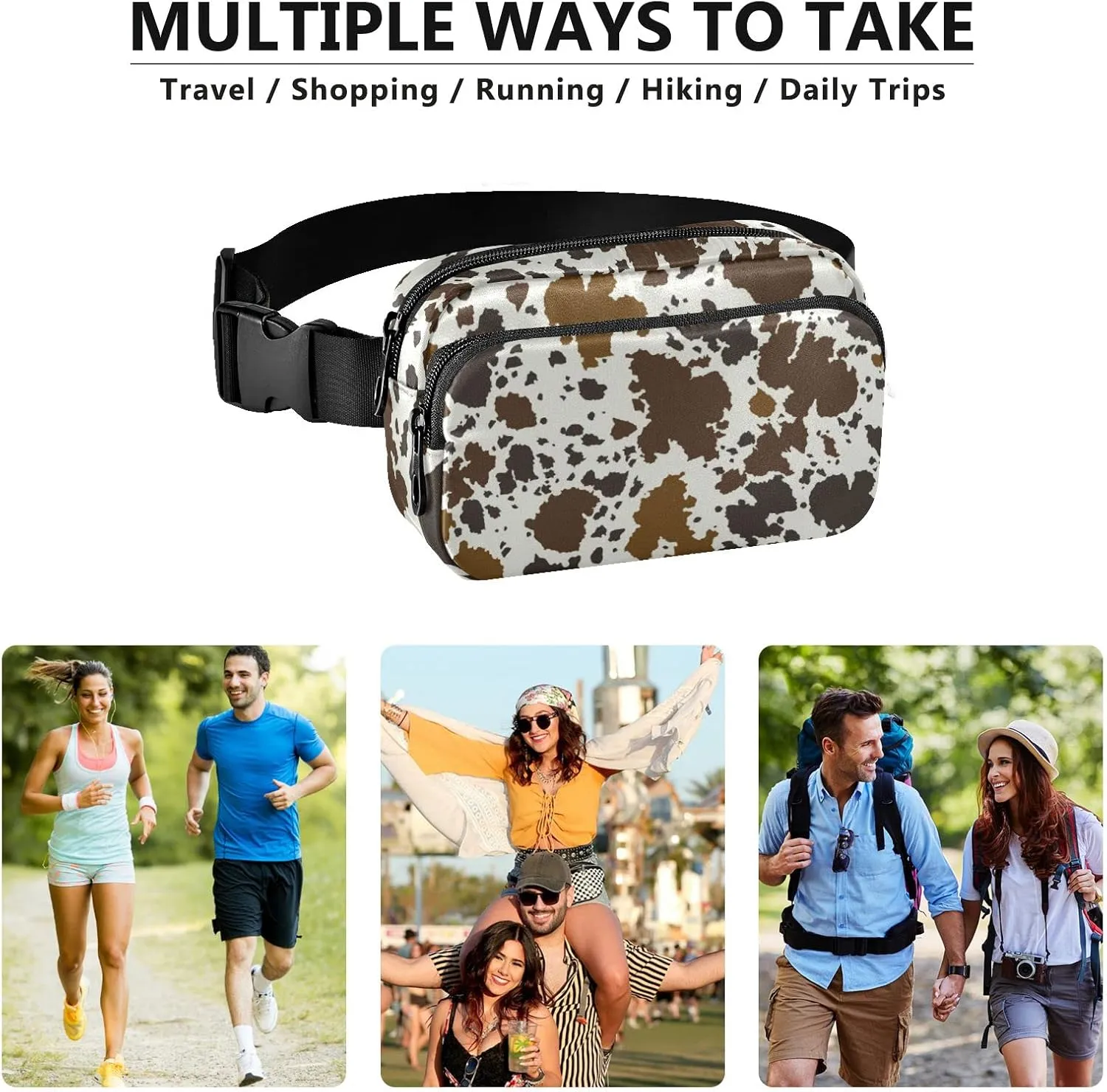 Cow Skin Print Fanny Pack for Women Men Belt Bag Crossbody Waist Pouch Waterproof Everywhere Purse Fashion Sling Bag for Running Hiking Workout Travel